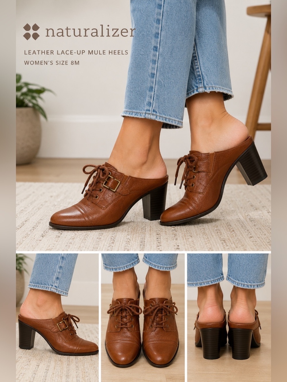 Naturalizer Brown Leather Mule Heels Lace Up Block Heel Oxford Shoes 8M